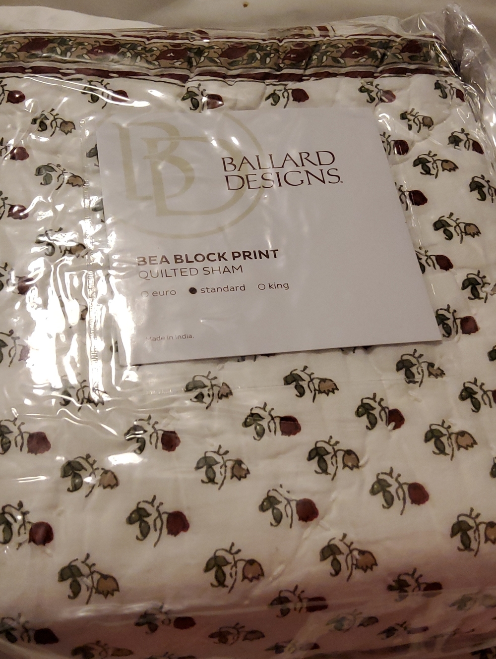 Ballard Designs Bea Block Print Quilted Shams in Cream with Green & Brown Floral